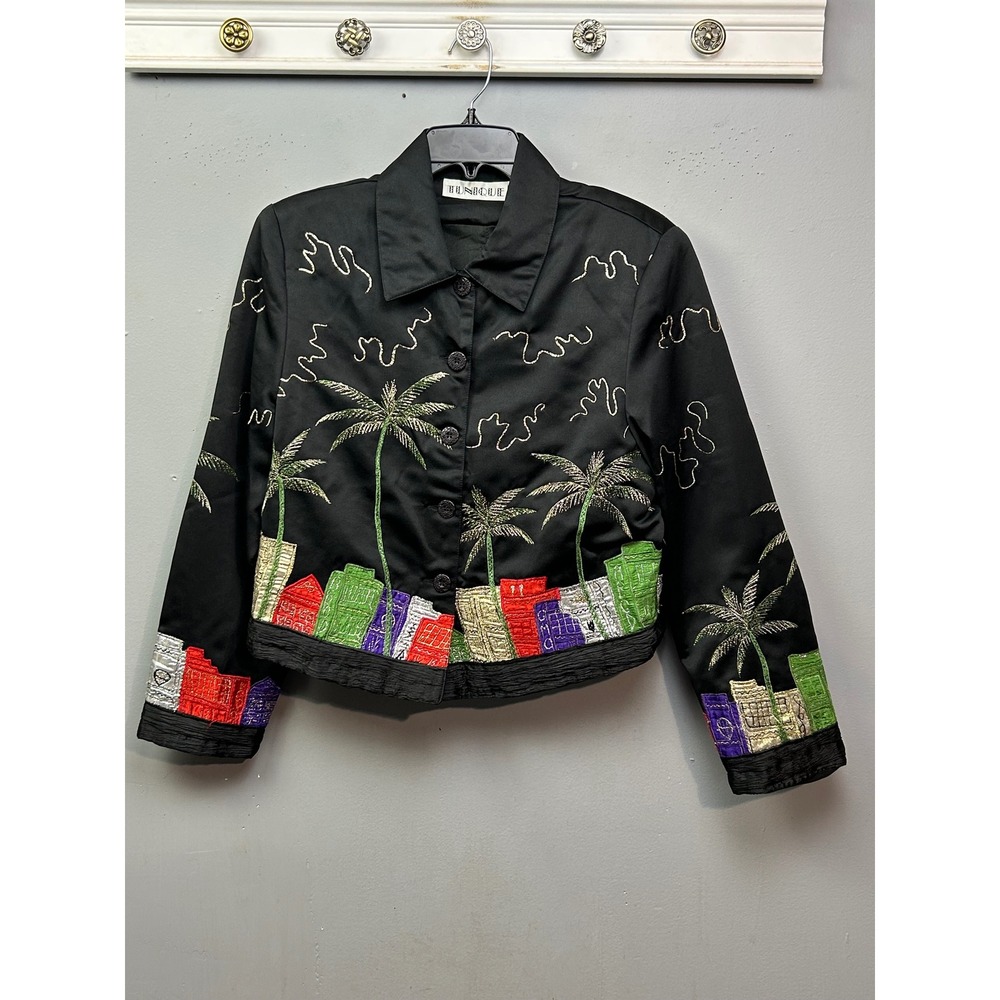 UNIQUE Black Embroidered Palm Tree Cityscape Jacket Womens Size 6 Polyester